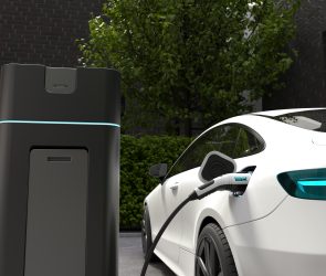 Electric car charging at home, Clean energy filling technology.